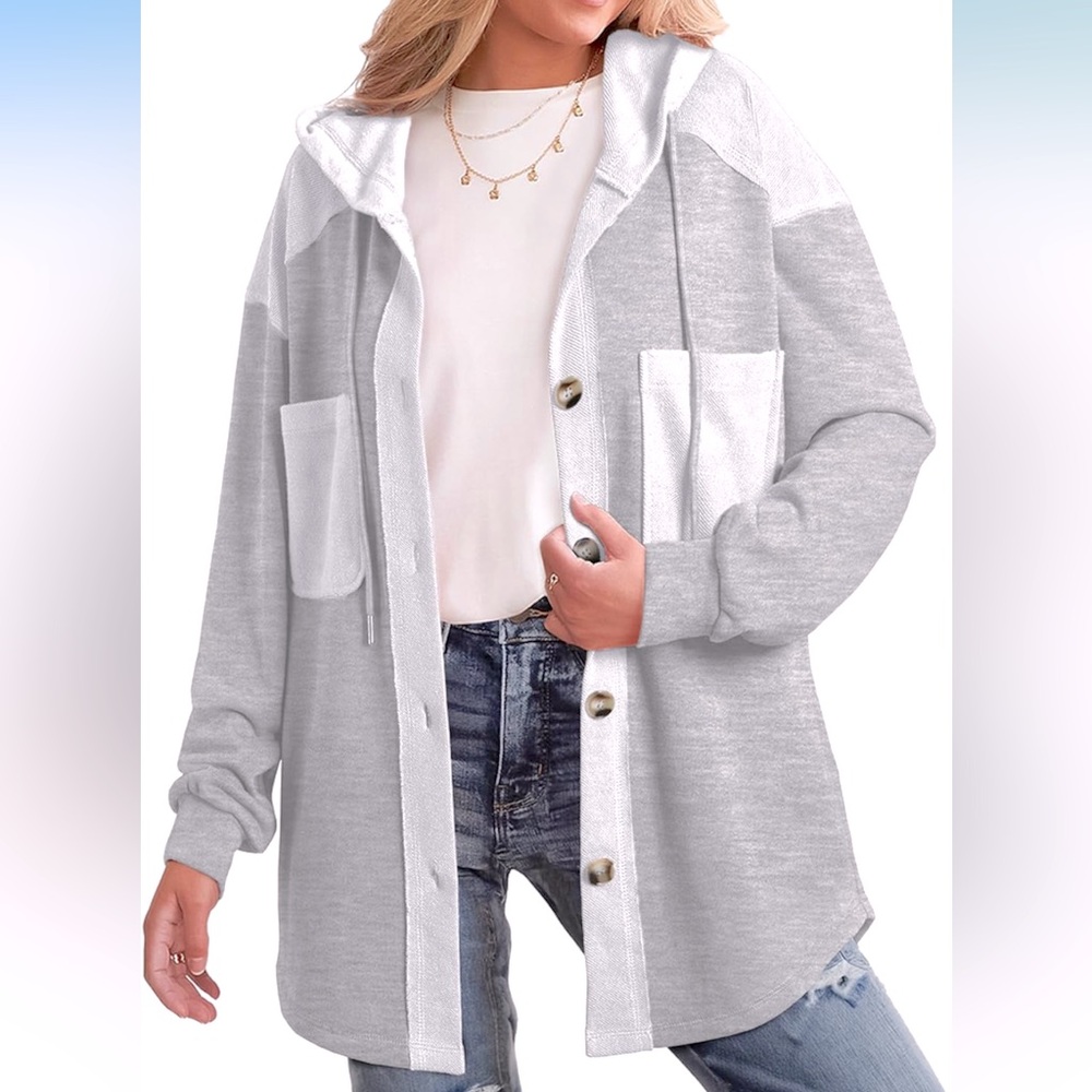 SHEWIN Shacket Hooded Loose Long Sleeve Tops Button Down Coat, Large